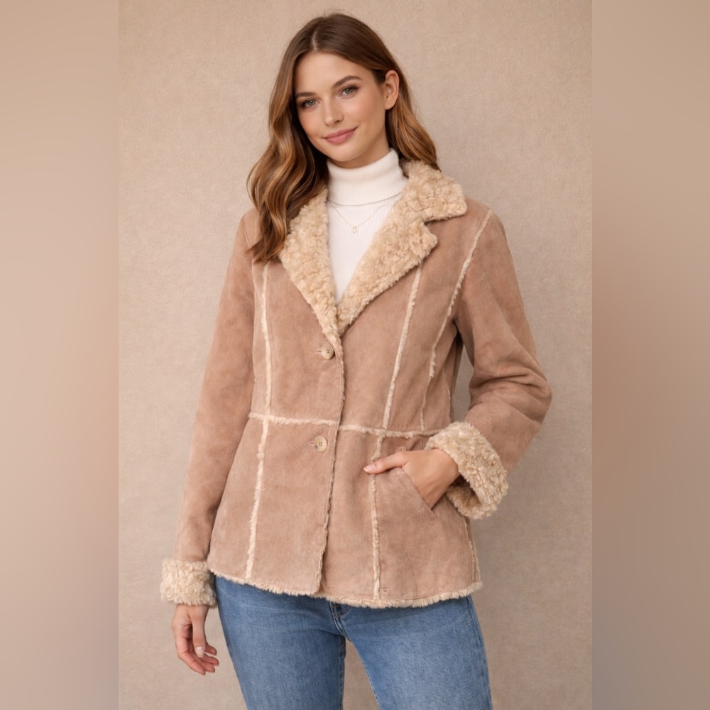 Giacca Vintage Leather Faux Fur Trim Button Front Jacket Tan Size Medium